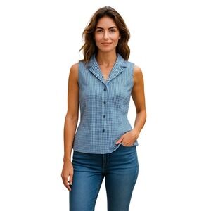 Vintage Connie Roberson Gingham Silk Sleeveless Blouse Blue White L Made‎ in USA